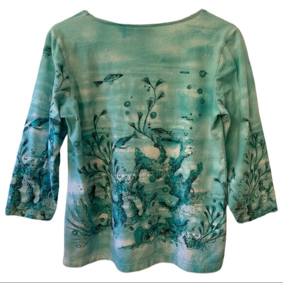 😊 3/$30 Chico’s Additions Sz 1 (Medium) women’s top 3/4th sleeves w/Caribbean - Picture 3 of 8